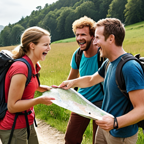 Home 15 **
Team hiking in a scenic Dutch landscape. Visualize a diverse group of hikers laughing and pointing at a map together near a charming village. Include backpacks and hiking gear. Focus on teamwork and shared excitement.
**