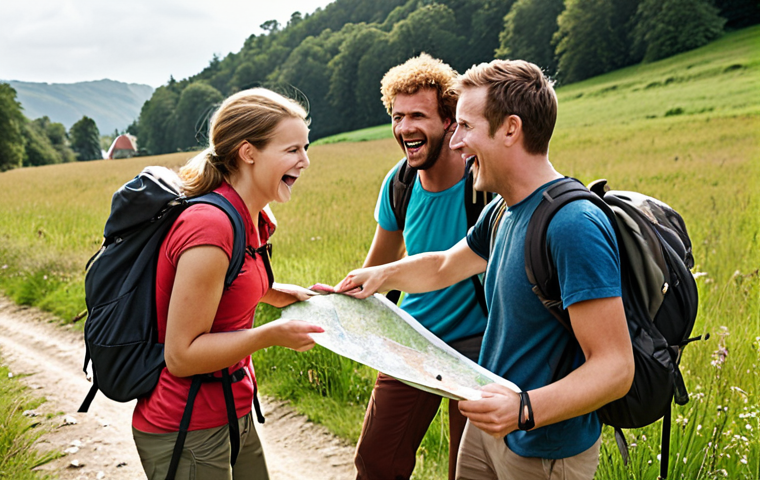 **
Team hiking in a scenic Dutch landscape. Visualize a diverse group of hikers laughing and pointing at a map together near a charming village. Include backpacks and hiking gear. Focus on teamwork and shared excitement.
**