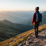 A solo long-distance hiker, dressed in modern, modest, and functional hiking attire, stands contemplatively on a scenic mountain trail overlooking a vast, serene valley at sunrise. The air is clear, and soft light illuminates the rugged landscape. The focus is on the hiker's peaceful expression and connection with nature, emphasizing resilience and inner peace. Professional photography, high quality, perfect anatomy, correct proportions, natural pose, well-formed hands, proper finger count, natural body proportions, safe for work, appropriate content, fully clothed, modest, family-friendly.