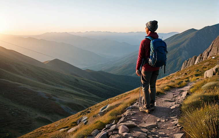 A solo long-distance hiker, dressed in modern, modest, and functional hiking attire, stands contemplatively on a scenic mountain trail overlooking a vast, serene valley at sunrise. The air is clear, and soft light illuminates the rugged landscape. The focus is on the hiker's peaceful expression and connection with nature, emphasizing resilience and inner peace. Professional photography, high quality, perfect anatomy, correct proportions, natural pose, well-formed hands, proper finger count, natural body proportions, safe for work, appropriate content, fully clothed, modest, family-friendly.